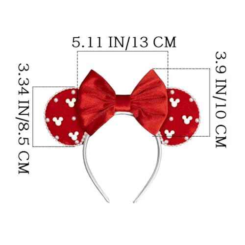 JIAHANG Christmas Velvet Mouse Ears Headband with Pearls, Red Hair Bow Hairband with Beads, Party Decoration Headwear Hair Accessories for Women Girls