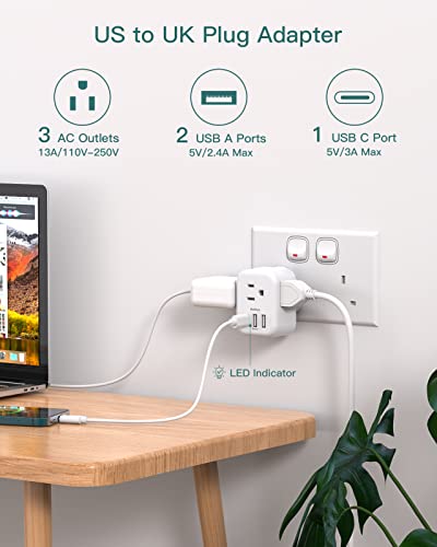 2-Pack US to UK Ireland Travel Plug Adapter, Addtam Type G Power Outlet Adapter with 3 AC Outlets and 3 USB, Travel Essentials for USA to Dubai Scotland British London England Hong Kong Irish