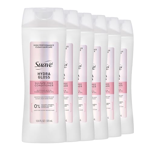 Suave Hydra Gloss Sulfate Free Conditioner with Glycolic Acid & Camellia Flower Oil for Hydrated, Smooth, Glossy Shine, 6 Count, 12.6 FL OZ