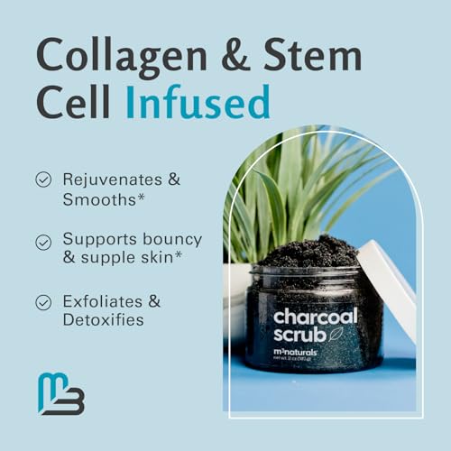 M3 Naturals Charcoal Body Scrub with Collagen & Stem Cells - 12 oz, Exfoliating Face & Body Polish, Pack of 1
