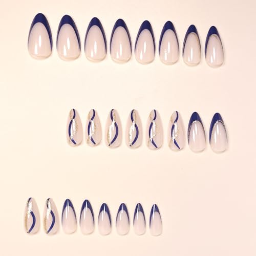 Navy Blue Almond Press On Nails - 24pc Glitter Gold French Tip