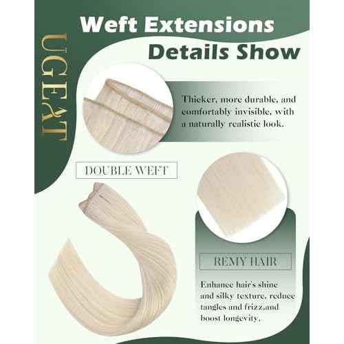 Ugeat Sew in Hair Extensions Real Human Hair Blonde Weft Hair Extensions Human Hair 18 Inch Platinum Blonde Sew in Extensions for Women Invisible Double Weft Soft Natural-looking 100G