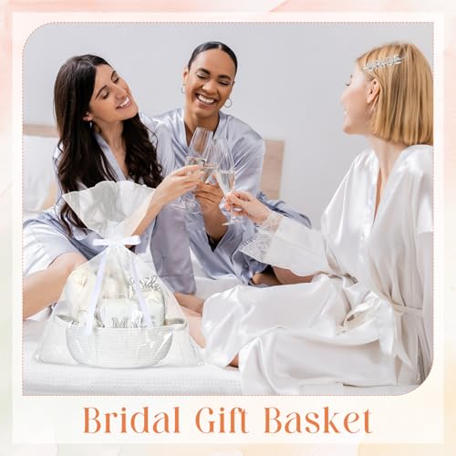 Baderke 17 Pcs Bride to Be Gift Basket for Bridal Shower, Bridal Box with Basket, Makeup Bag, Slippers, Headband, Sash, Mrs Ring Dish, Jewelry Box and More for Wedding Engagement Gift(White)