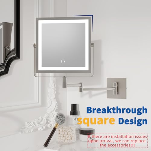 Ruacq Rechargeable Wall Mounted Makeup Mirror with Lights, Double Sided 1X/10X Magnifying Vanity Mirror with 3 Color Light, Touch Screen Dimmable, 360¡Æ Rotation Extension Foldable Arm(Brushed Nickel)