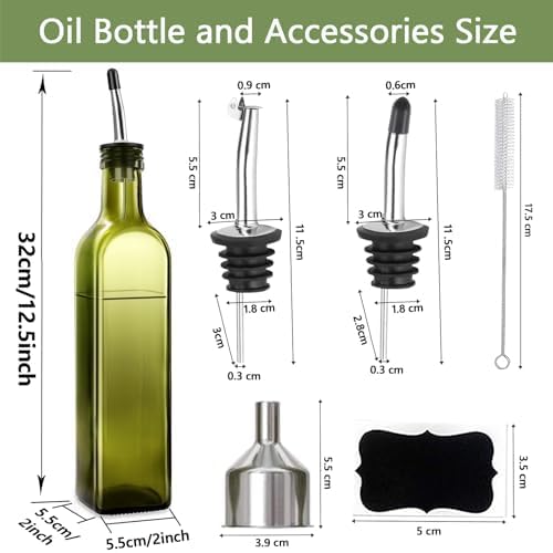 Leaflai Olive Oil Dispenser Bottle, 1 Pcs Green Glass Olive Oil Dispenser and Vinegar Dispenser Set with 2 Stainless Steel Pourers, 2Labels,1 Brush and 1 Funnel Oil Bottles for Kitchen (500ml)