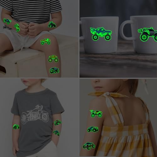 Luminous Monster Truck Temporary Tattoos for Kids - 12 Sheets Glow in the Dark Monster Truck Tattoos for Kids Monster Truck Birthday Decorations