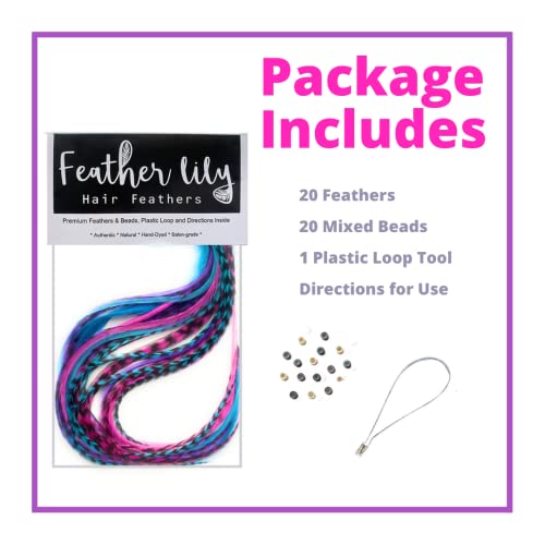 Hair Feathers Extension Kit, 100% Real Rooster Feathers, Long Feather Hair Extensions in Pink, Purple, and Blue by Feather Lily