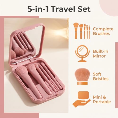 Travel Size Makeup Brush Set with Mirror - Mini Portable Cosmetic Kit