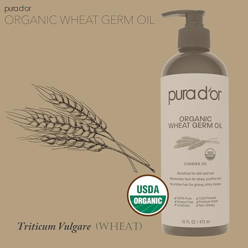 PURA D'OR ORGANIC Wheat Germ Oil (16 Oz x3 = 48 Oz) 100% Pure & Natural USDA Certified Cold Pressed Carrier Oil - Vitamin E Rich, Moisturizing & Nourishing Anti-Aging Properties - Healthy Hair Growth