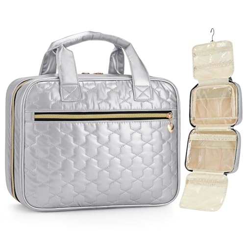 Travel Toiletry Bag, Hanging Makeup Organizer with Hook, Water-Resistant Cosmetic Bag, Fits Full-Size Shampoo & Conditioner Bottles, for Women & Men, Makeup Accessories & Brushes(Silver, Large)