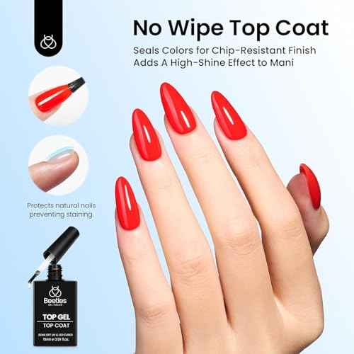 Beetles No Wipe Gel Top Coat, 15ml Top Coat Gel Nail Polish Clear Color Shine Finish and Long Lasting, Soak Off U v Nail Lamp Gift for Girls