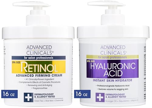 Advanced Clinicals Retinol Cream + Hyaluronic Acid Lotion Face & Body Skin Care. Anti Aging Dry Skin Rescue Creams Reduce Appearance Of Wrinkles, Fine Lines, & Sagging Skin, 16 Oz (Pack of 2)