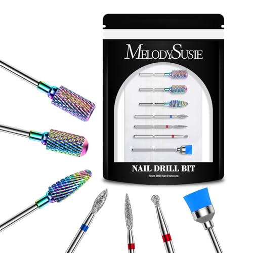 MelodySusie Nail Drill Bits Set, 7pcs Tungsten Carbide Diamond Nail Drill Bits for Acrylic Nails Poly Gel Cuticle Remove, 3/32'' Professional Nail Bits for Nail Drill Efile, Manicure Pedicure Tools