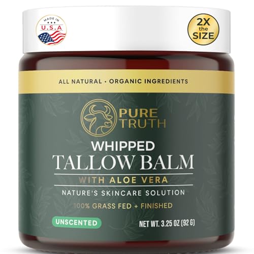 Whipped Tallow and Honey Balm (Unscented), Beef Tallow for Skin Care, Grass Fed + Finished Tallow Moisturizer Cream for Face & Body w/Organic Honey, Aloe Vera, Jojoba Oil, Men Women 3.25oz