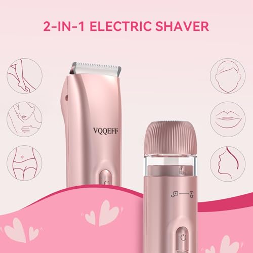 Bikini Trimmer for Women 2 IN 1 Electric Razors IPX7 Waterproof Wet & Dry Use Womens Electric Razor Dual Head Shaver for Bikini Underarm Leg Arm Body Face, Pink