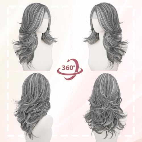 Haloo 20 Inch Grey Layered Wig with Curtain Bangs - Lace Front Synthetic Hair for Women