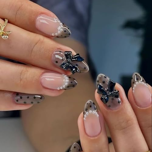 French Tip Press On Nails with Bow Design 24pcs