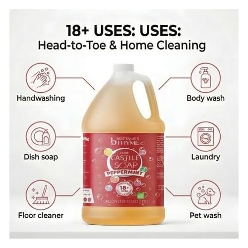 Brittanie's Pure Organic Castile Soap Refill, 1 Gallon Peppermint | Liquid Soap for Face, Body, Hands, Dishes, Pets, Laundry | Vegan, Non-GMO, Gluten-Free, Biodegradable | Made in USA