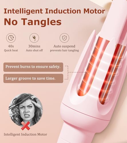 Automatic Hair Curler, 1.2 Inch Rotating Curling Wand Iron - Pink