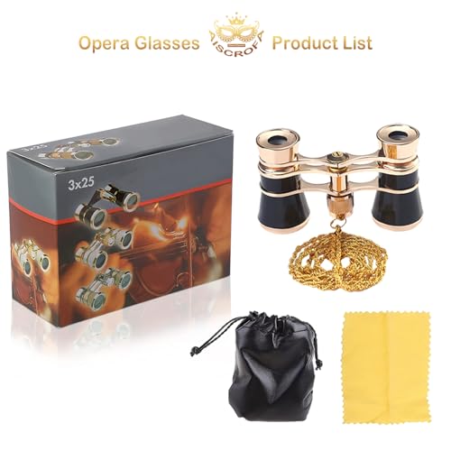 AiScrofa Opera Glasses Binoculars 3X25,Mini Binocular Compact Lightweight,with Chain for Adults Kids Women in Musical Concert (Black with Chain)