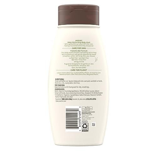 Aveeno Daily Moisturizing Body Wash for Dry & Sensitive Skin with Prebiotic Oat, Hydrating Oat Body Wash Nourishes Dry Skin & Gently Cleanses, Light Fragrance, Sulfate-Free, 18 fl. oz