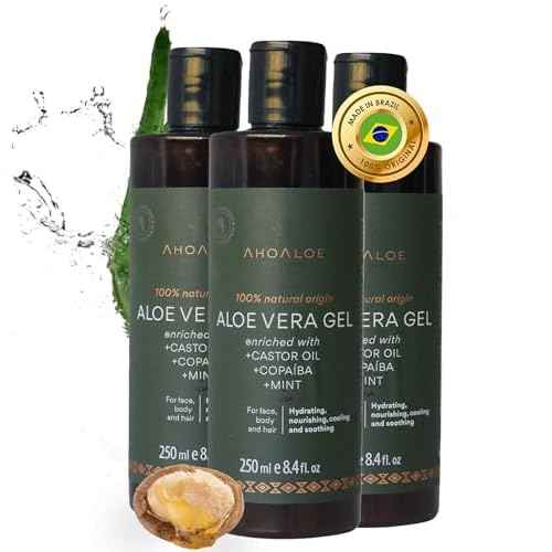 AHOALOE Pack of 3 Brazilian Aloe Vera Gel - Multipurpose Moisturizing Natural Gel with Copaiba, Castor Oil and Fresh Mint and Natural for Face, Skin and Hair - After Sun Care, Sunburn Relief 3x 8.4oz