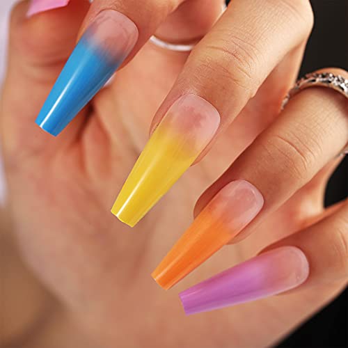 Blufly Colorful Long Press on Nails Glossy Coffin Fake Nails Designed Cute Ballerina Full Cover Acrylic False Nails Tips for Women and Girls 24Pcs (Colorful Ombre)