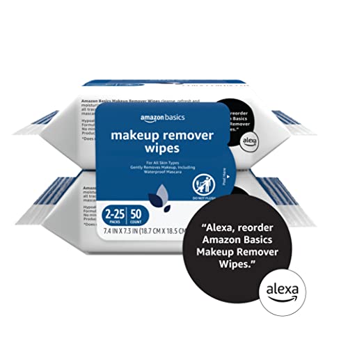 Amazon Basics Makeup Remover Wipes 2-Pack, Gentle & Waterproof Makeup Remover, 25 Count Each