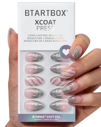 BTArtbox Sparkle Bow C1 Press On Nails Short Almond French Tip Kit 32 Pcs