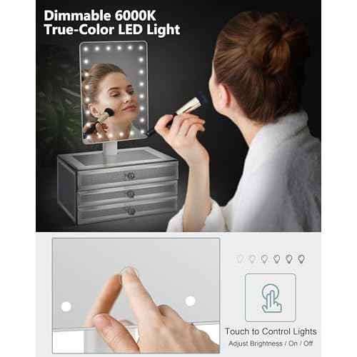 Star Vision 2-in-1 Lighted Makeup Mirror with Glass Jewelry Organizer, Dimmable 6,000K Cool White Light, 3-Layer Drawers, Luxury Crystal Diamond Effect Surface, Includes a 10X Magnification Mirror