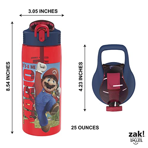 Zak Designs The Super Mario Bros. Movie Water Bottle For School or Travel, 25 oz Durable Plastic Water Bottle With Straw, Handle, and Leak-Proof, Pop-Up Spout Cover (Mario, Toad)