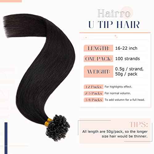 Hairro Pre Bonded Fushion Hair Extensions Nail Tip Human Hair Keratin U Tip Hairpieces Utip Remy Natural Glue Stick Flat Tipped Hairpiece For Women 100 Strands 16" 50g #1B Natural Black