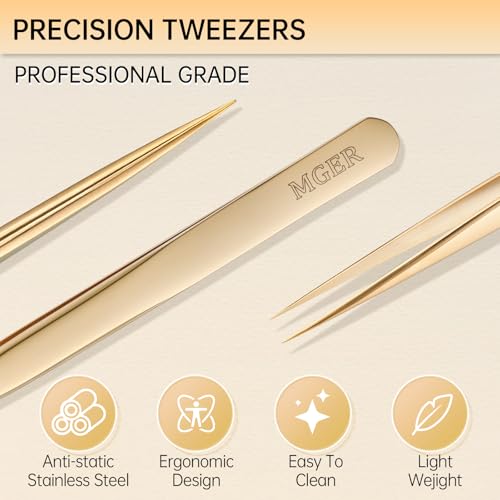 MGER Isolation Tweezers for Eyelash Extensions - Straight & Pointed Isolation Tweezers for Individual Lashes, Effortless Application with Precision Tweezers, Gold