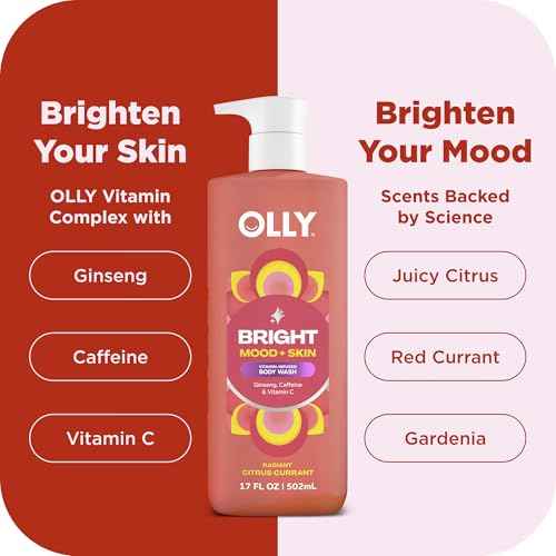 OLLY Bright Body Wash with Ginseng, Caffeine & Vitamin C? Nourishing Cleanser for Skin Barrier Repair, Deep Hydration, Citrus Currant Scent, 17 oz