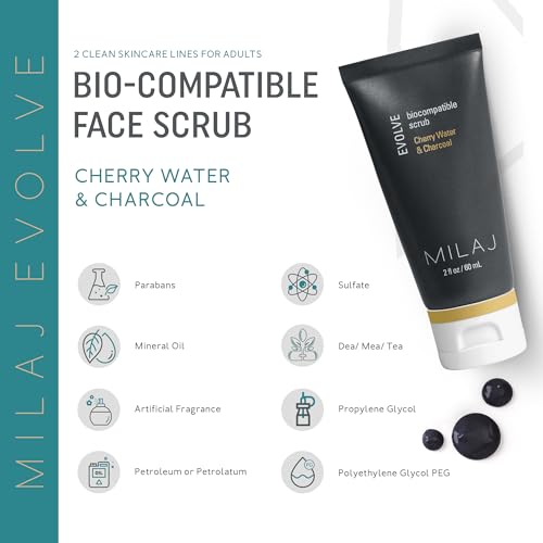 MILAJ Evolve Biocompatible Face Scrub | Charcoal & Cherry Water Facial Exfoliator to Cleanse Pores and Reduce Uneven Skin Tone | Clean Skincare for Regular Use 2fl oz