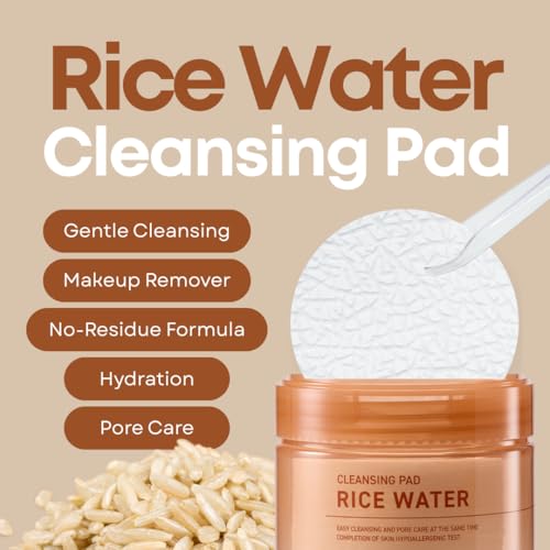Rice Water Cleansing Pads ? Makeup Remover Wipes & Korean Toner Pads with Centella Asiatica, Exfoliating for Blackhead Removal & Pore Minimizer, 50 Pad