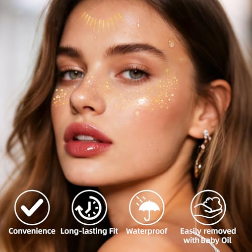 Glitter Freckles Face Tattoo, 48PCS Gold and Silver Temporary Tattoos, Sparkle Freckles for Women, Waterproof Body Glitter Makeup Patches, Country Concerts Singer Festival Mardi Gras Rave Outfit