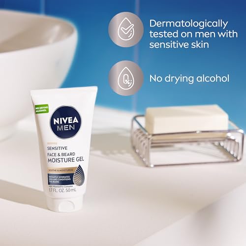 NIVEA MEN Sensitive Face and Beard Moisture Gel, Gentle Face and Beard Moisturizer for Men Instantly Hydrates Skin and Conditions Beards, 1.7 Fl Oz Tube, Pack of 3