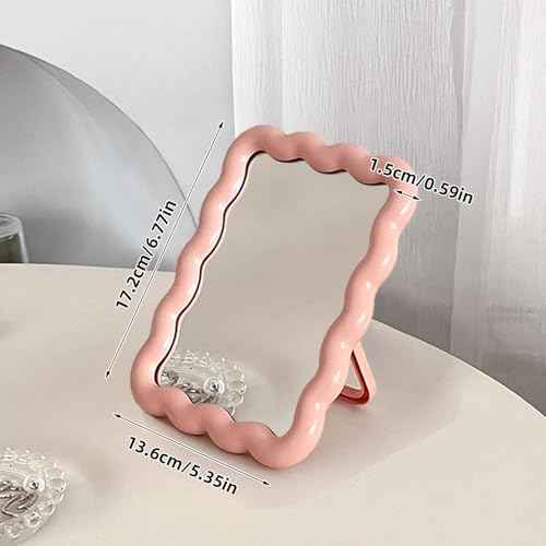 Wave Shaped Table Desk Vanity Makeup Mirror Portable Folding Cute Travel Make Up Mirror for Standing Hanging 6.7X5.3 Inch Home Decoration (Pink)