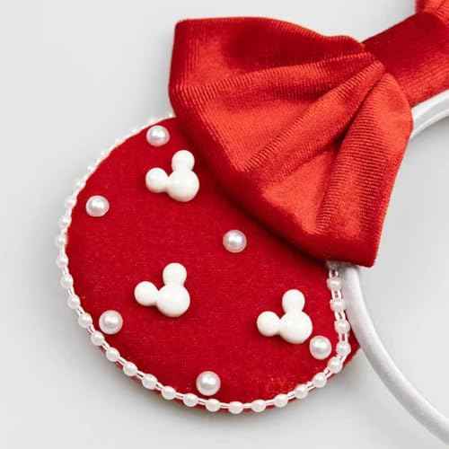 JIAHANG Christmas Velvet Mouse Ears Headband with Pearls, Red Hair Bow Hairband with Beads, Party Decoration Headwear Hair Accessories for Women Girls