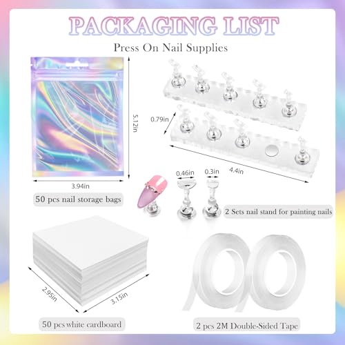 Press On Nail Stand Kit with 50 Storage Bags & Adhesive Tape
