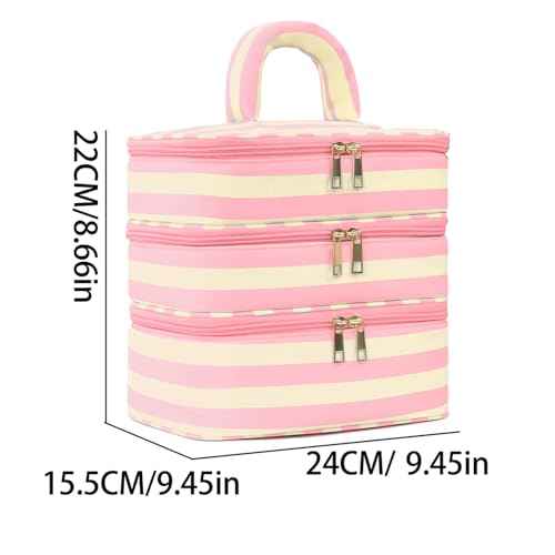Three Layer Makeup Bag for Women Fashion Stripes Cosmetic Bag Preppy Style Travel Water-Resistant Toiletry Bag for Storage Toiletries Cosmetics Sets for Women Teen Girls Pink