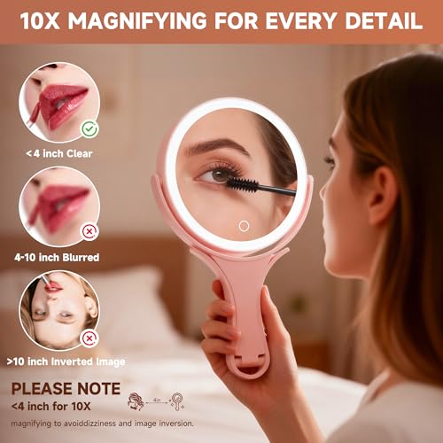 Hasipu Portable Travel Makeup Mirror with Lights ? 360¡Æ Rotating with 1X/10X Magnifying, Rechargeable Tabletop Handhold Hanging 3 in 1 Mirror (Pink)