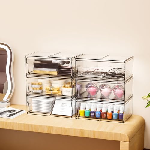 6 Pack Clear Stackable Storage Drawers,12"W Large Bathroom Makeup Organizer and Pen,Sunglass,Medicine,Baby Bottle Organizer,Plastic Pull Out Storage Bins for Desk,Under Cabinets,Vanity Countertop