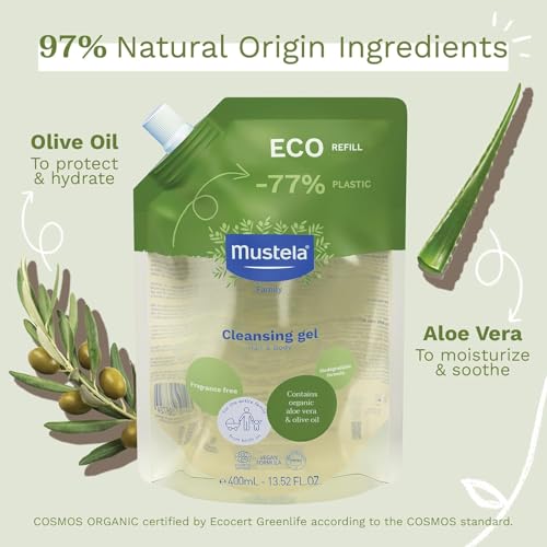 Mustela Certified Organic Cleansing Gel - Natural Hair & Body Wash with Olive Oil & Aloe Vera - For Baby, Kid & Adult - Fragrance Free, Tear Free, Vegan & Biodegradable - 13.52 fl. oz.