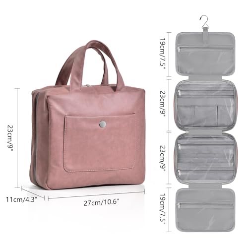 JOMOLA Travel Toiletry Bag Hanging Makeup Bag with Hook Bathroom Cosmetic Toiletry Kit for Hanging Travel Toiletries Essentials Organizer, Light Red Faux Leather