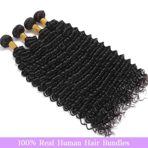 30 Inch Deep Wave Human Hair Bundles 1 Bundle Deep Wave Bundles 100% Unprocessed Brazilian Virgin Hair Curly Bundles Hair Extensions Real Human Hair Wavy Quick Weave Bundle Natural Black
