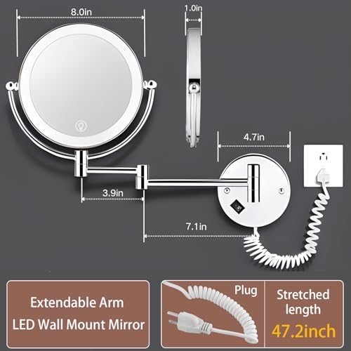 Wall Mounted Lighted Makeup Mirror with Magnification, 8-inch 1X/10X Wall Mount Magnifying Mirror for Bathroom, Touch Dimmable, 360 Degree Swivel, 2-Sided, Extendable Arm