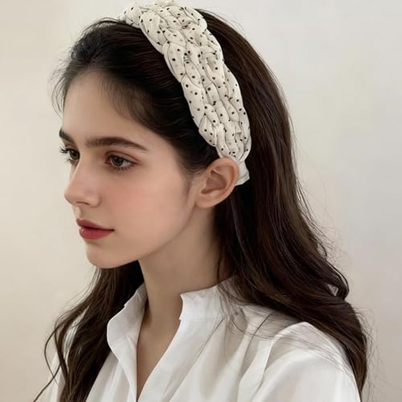 2 Pack Polka Dot Headbands for Women - Wide Braided Hair Bands