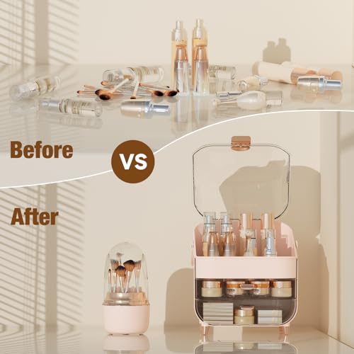 Makeup Organizer Countertop & 360¡Æ Rotating Makeup Brush Holder, Skincare Holder with Lid and Drawers, Storage Box Cosmetic Display Cases, Teen Girl Gifts, Vanity, Bathroom Counter, Pink